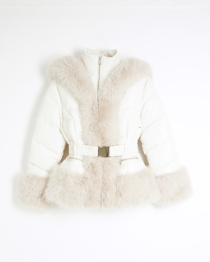 Petite Cream Faux Fur Trim Padded Jacket