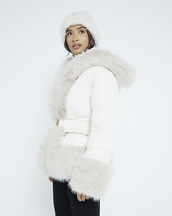 Petite Cream Faux Fur Trim Padded Jacket