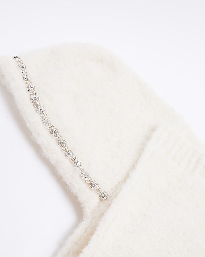 Cream Diamante Trim Cosy Hooded Scarf