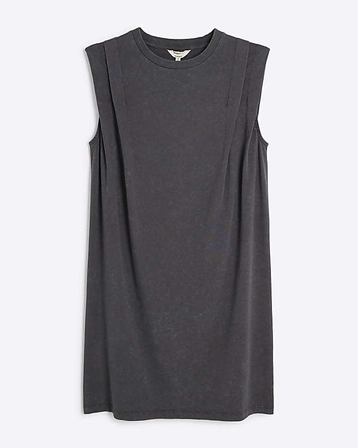 Grey washed pleated tank shift mini dress