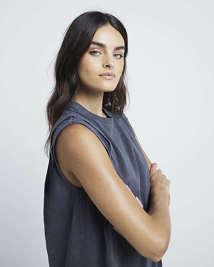 Grey washed pleated tank shift mini dress