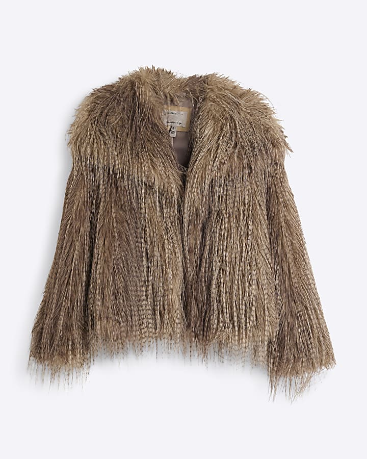 Petite Brown Faux Feather Fur Coat