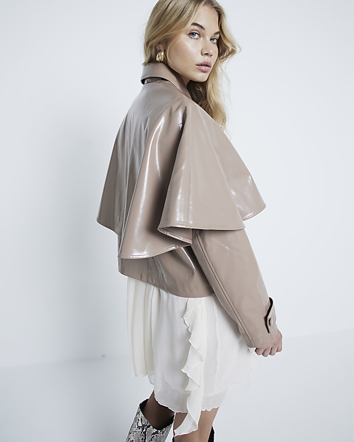 Brown Vinyl Faux leather Cape Jacket