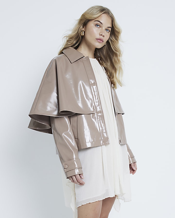 Brown Vinyl Faux leather Cape Jacket