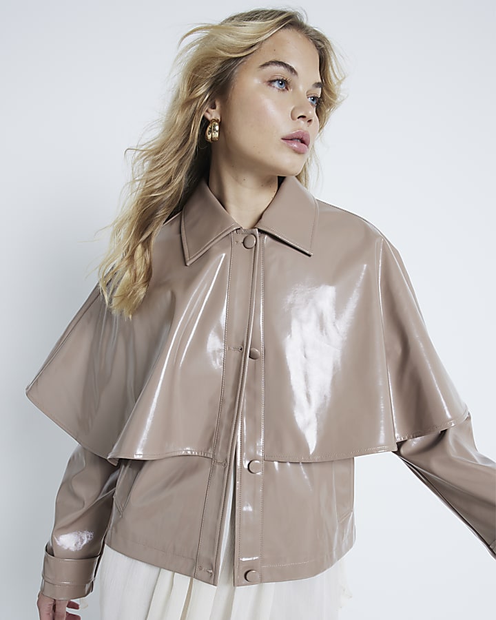 Brown Vinyl Faux leather Cape Jacket