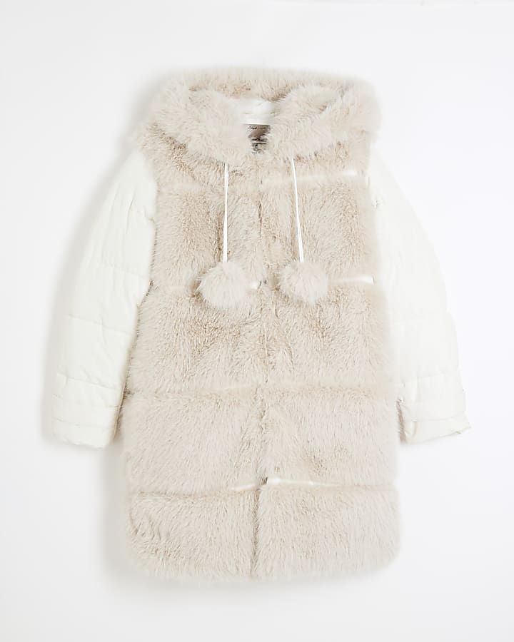 Cream Faux Fur Padded Pom Pom Coat