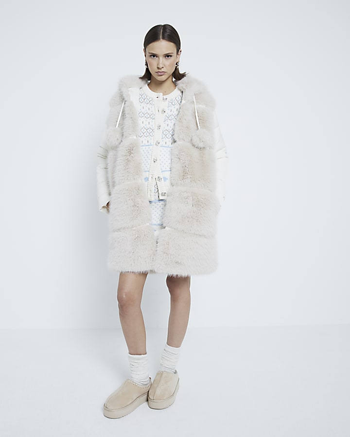 Cream Faux Fur Padded Pom Pom Coat