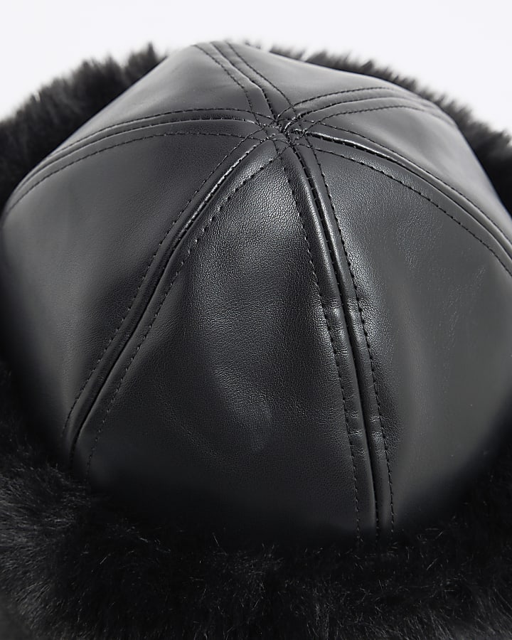 Black Faux leather Turn Up Hat