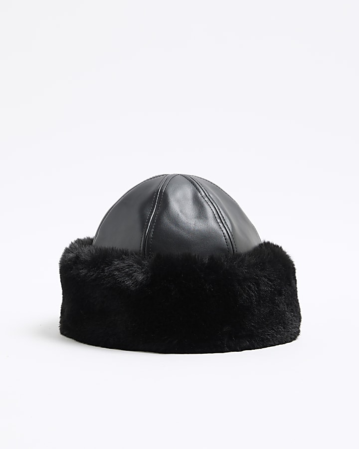 Black Faux leather Turn Up Hat