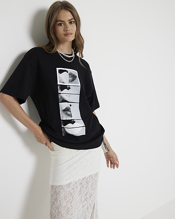 Black graphic lips print t-shirt