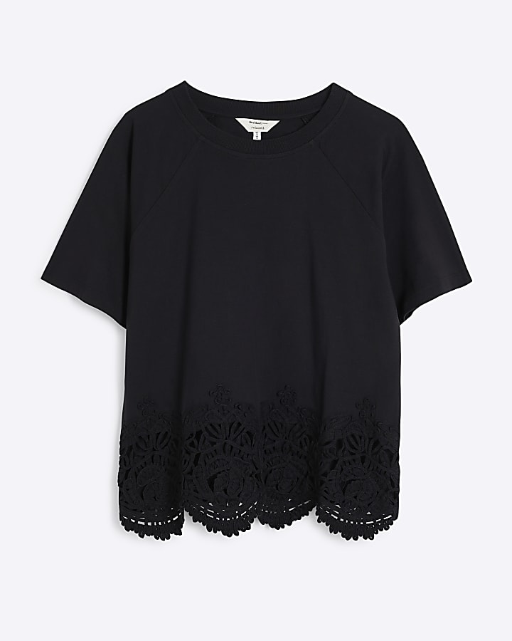 Black Short Sleeve Crochet Trim Hem T-Shirt