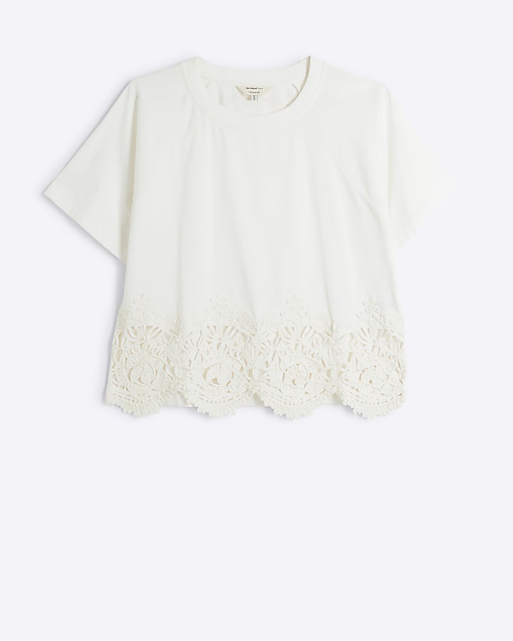 Cream Short Sleeve Crochet Trim Hem T-Shirt