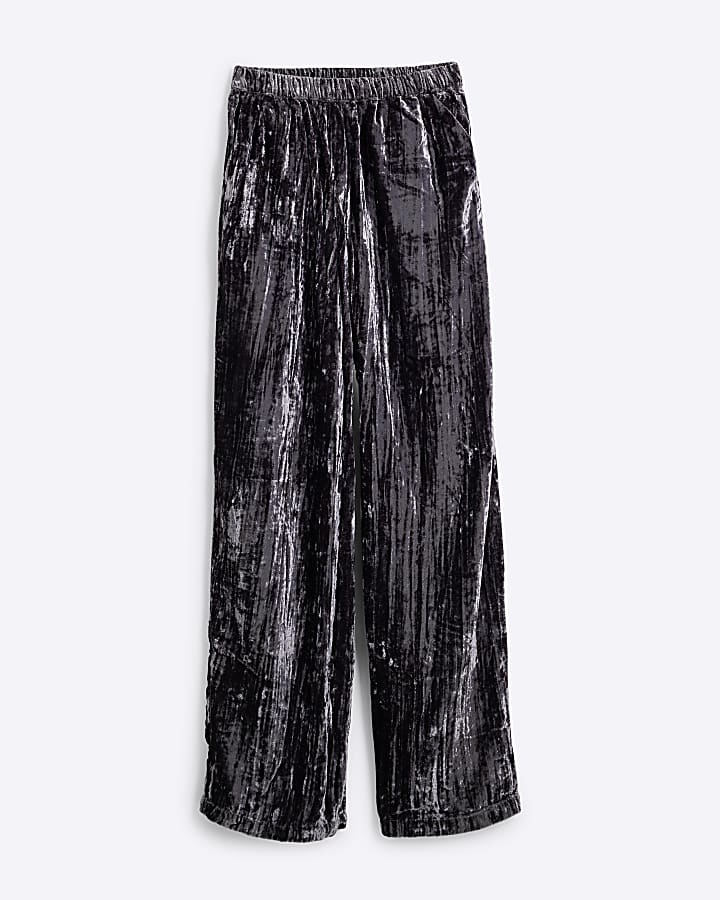 Grey Velvet Wide Leg Trousers