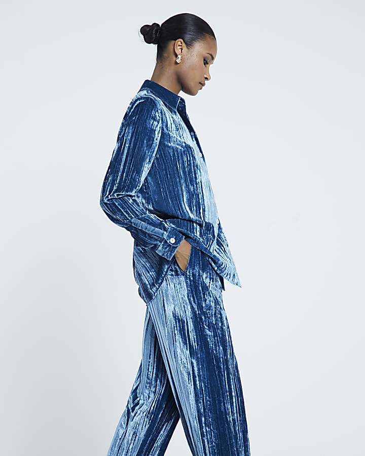 Blue Velvet Wide Leg Trousers