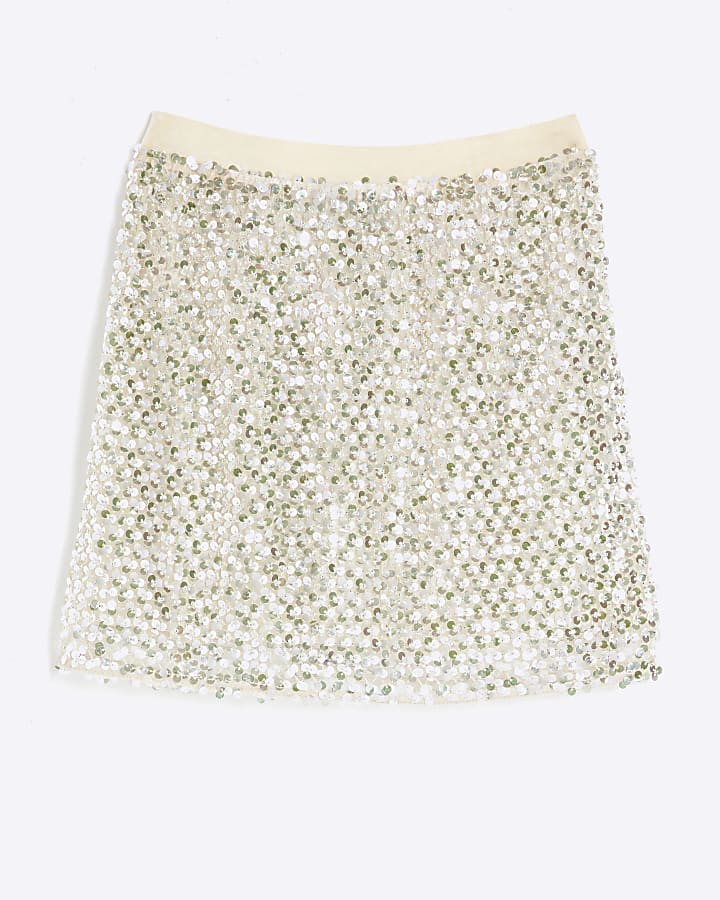 Cream Sequin Embellished Mini Skirt