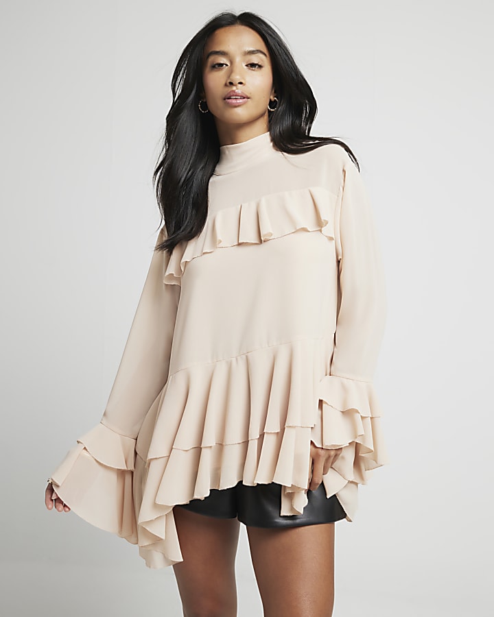 Petite pink chiffon frill blouse