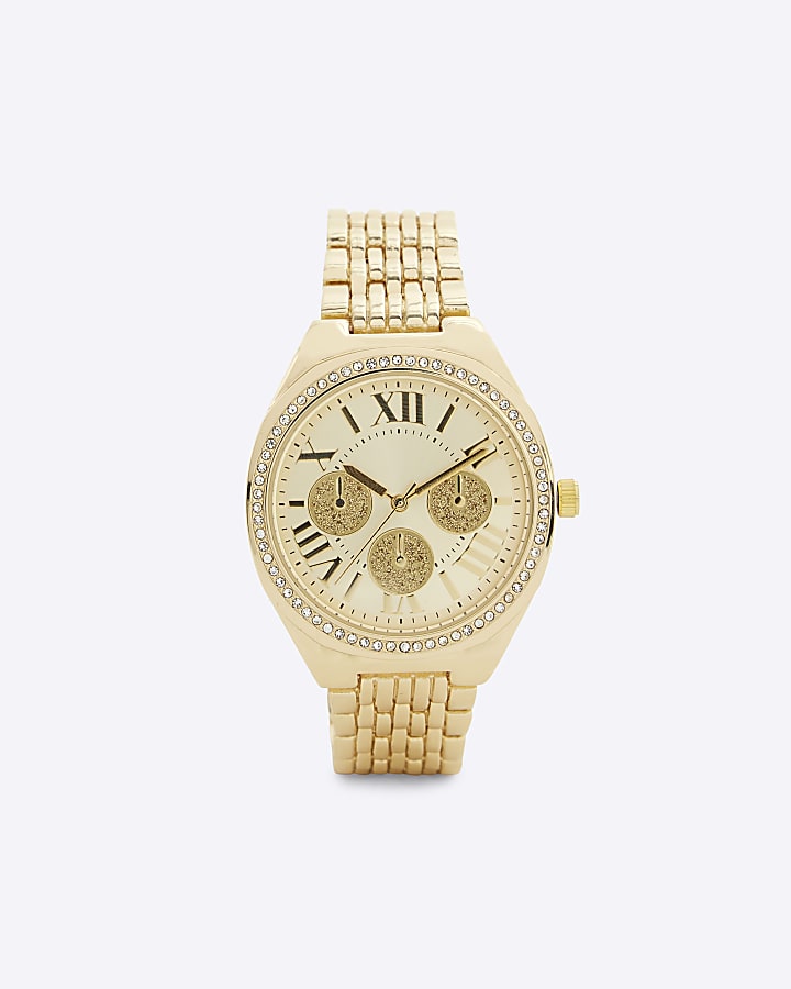 Gold Wide Strap Pave Watch