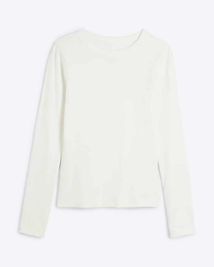 Cream Ribbed Long Sleeve Fitted T-Shirt