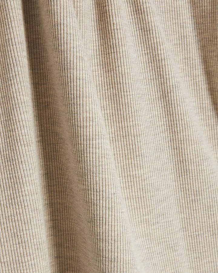 Beige ribbed long sleeve fitted t-shirt
