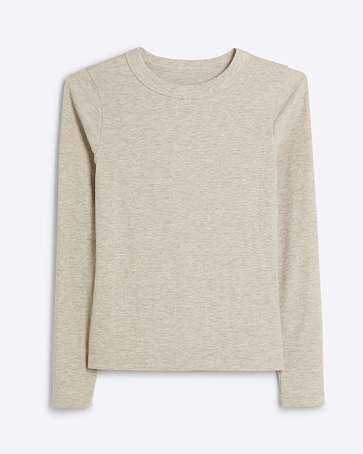 Beige ribbed long sleeve fitted t-shirt