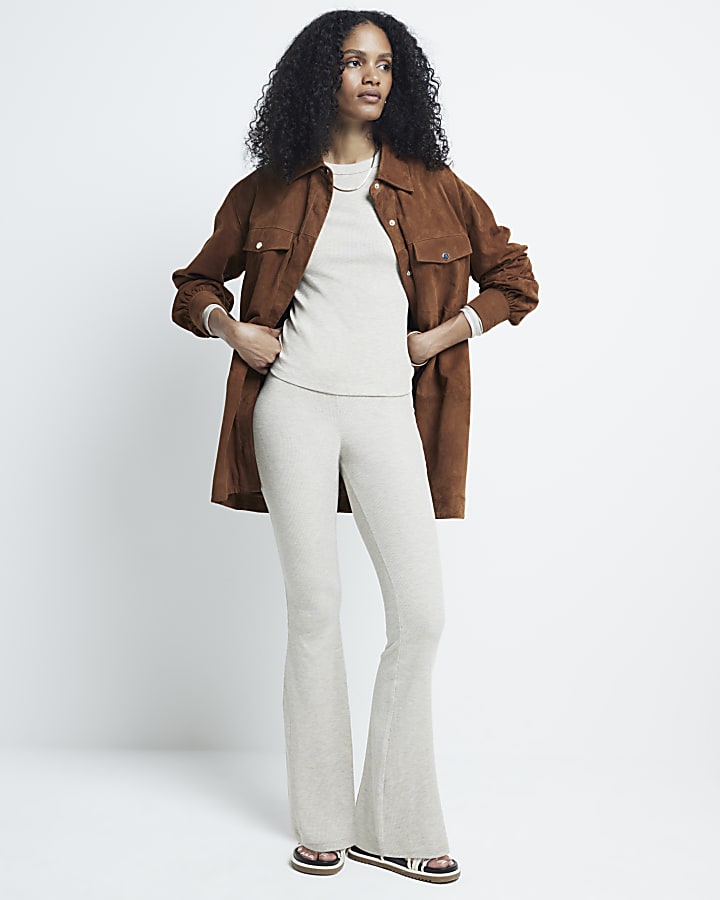 Beige ribbed long sleeve fitted t-shirt