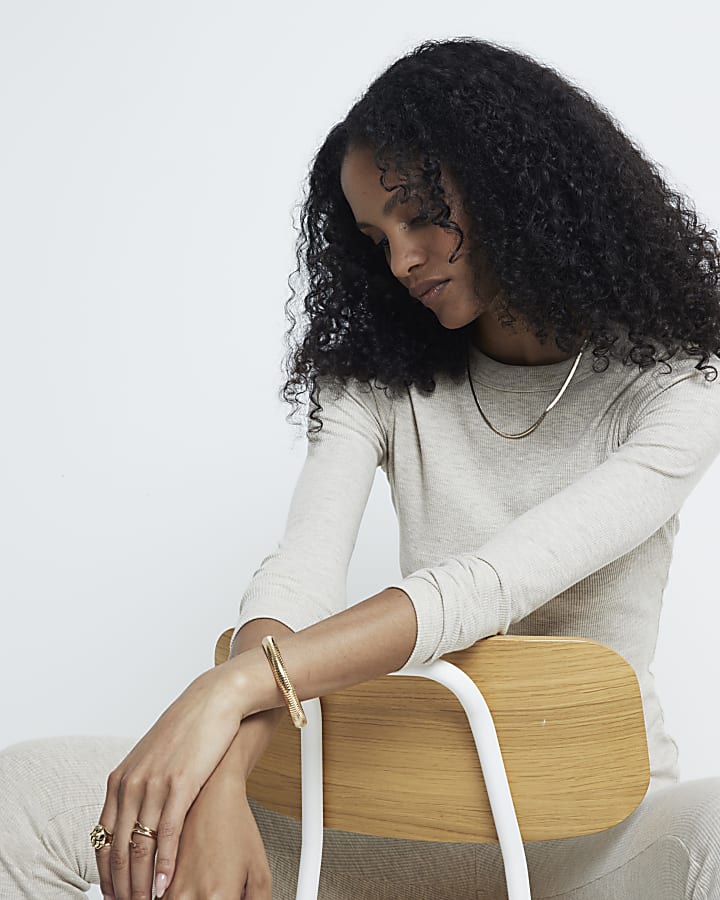 Beige ribbed long sleeve fitted t-shirt