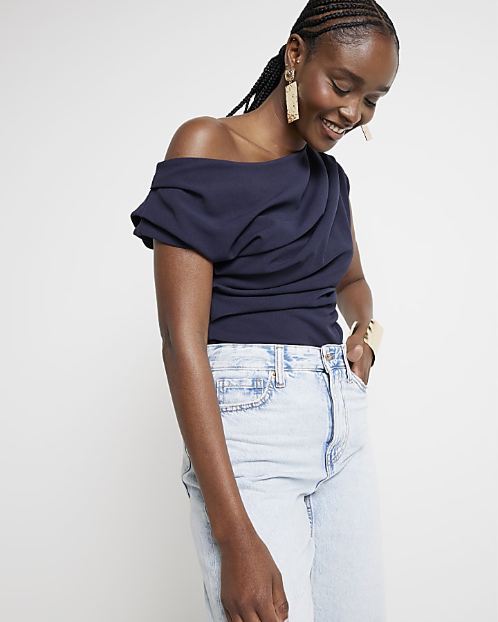 Navy Asymmetric Drape Top