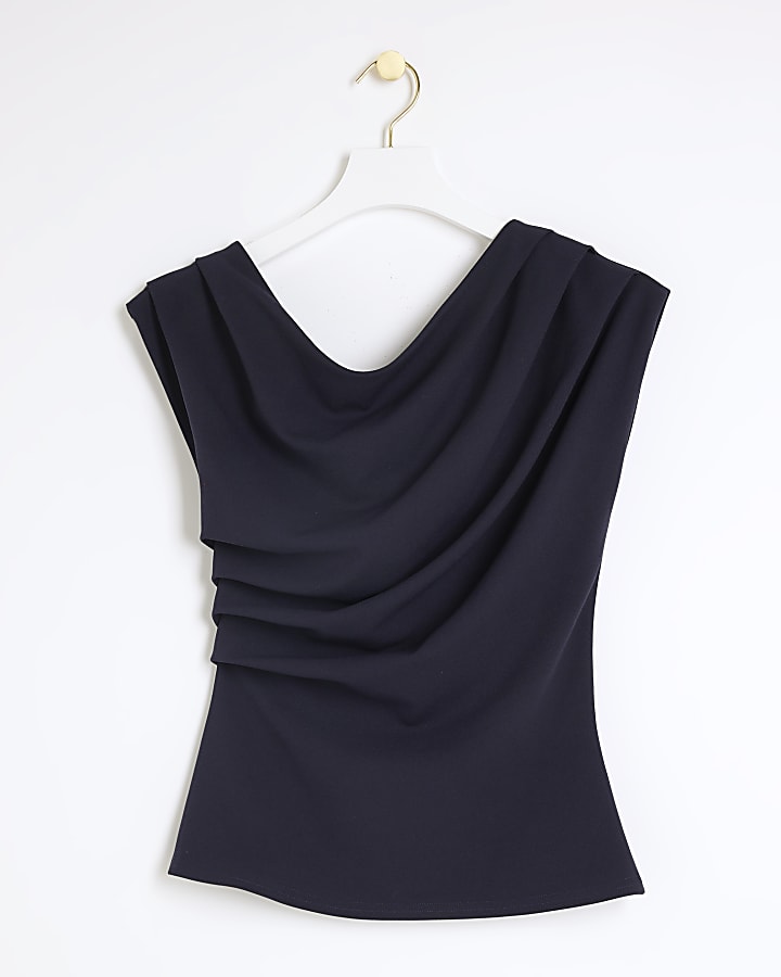 Navy Asymmetric Drape Top
