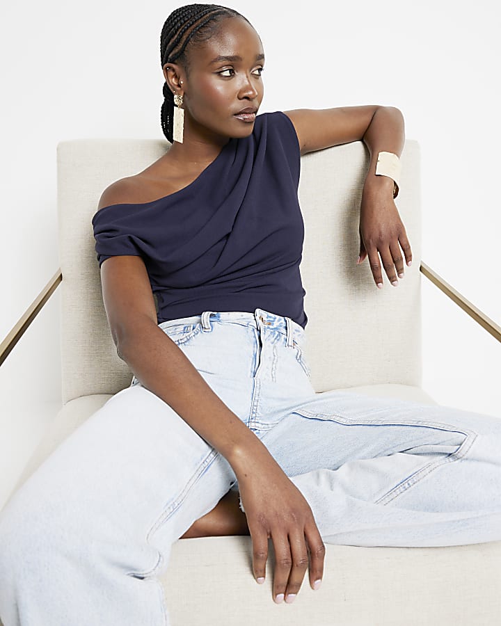 Navy Asymmetric Drape Top