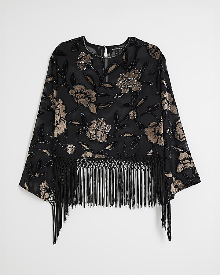 Black Devore Floral Fringe Top