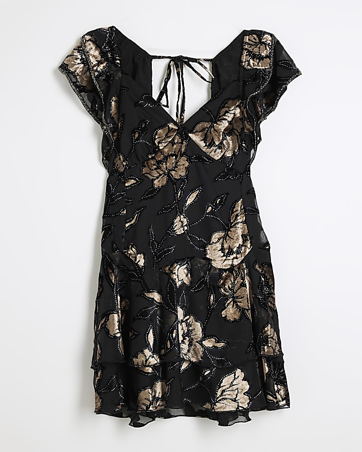 Black Short Sleeve Floral Shift Dress