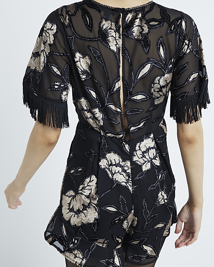 Black Devore Floral Fringe Playsuit