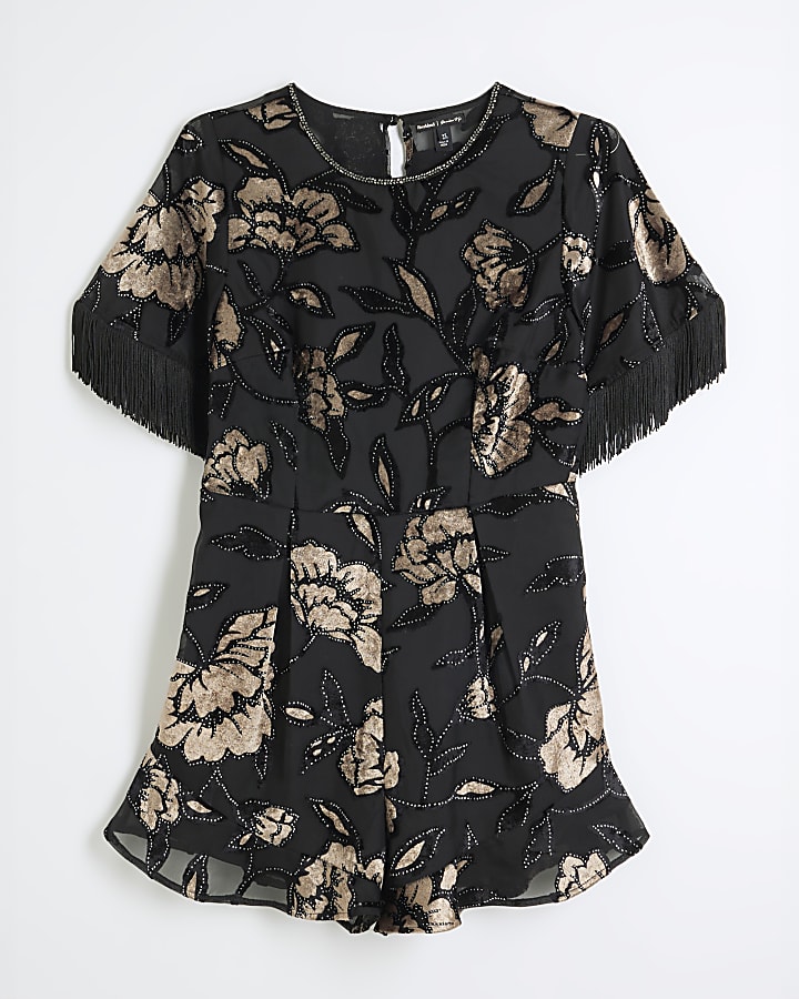 Black Devore Floral Fringe Playsuit