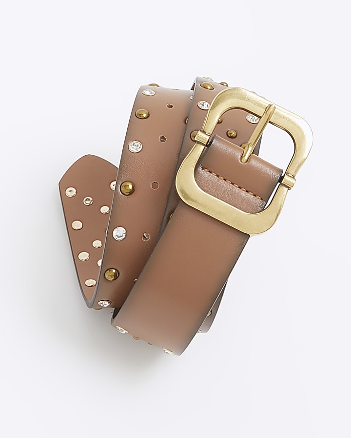 Brown Studded Diamante Belt