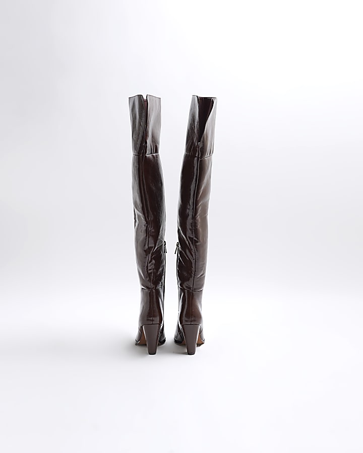 Brown Faux Leather Thigh High Heeled Boots