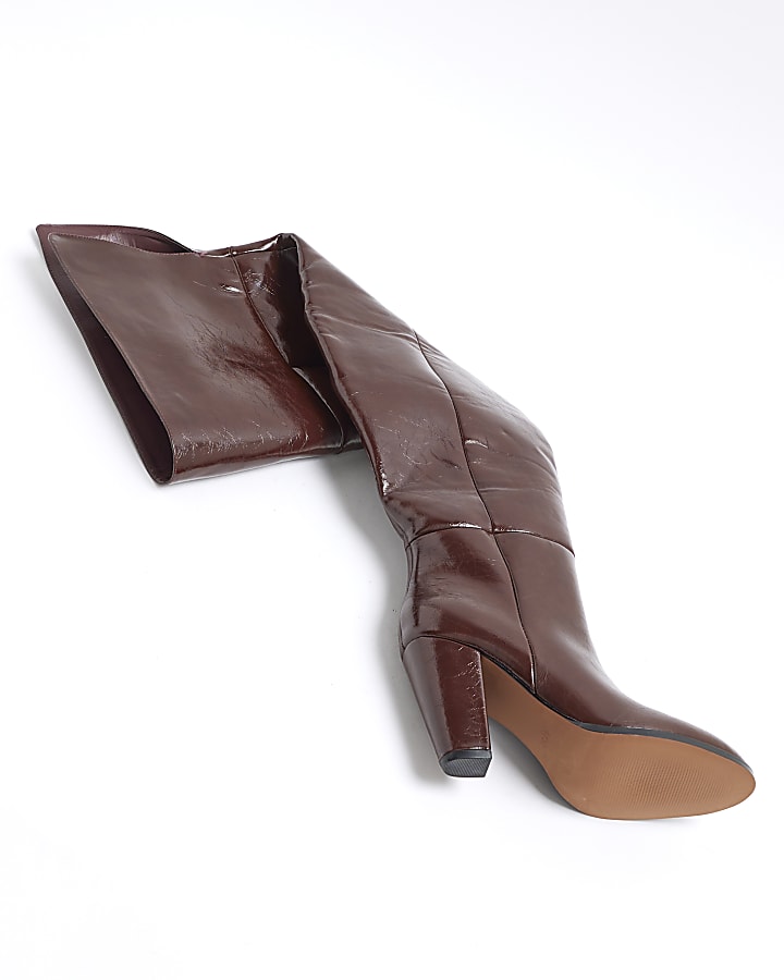 Brown Faux Leather Thigh High Heeled Boots