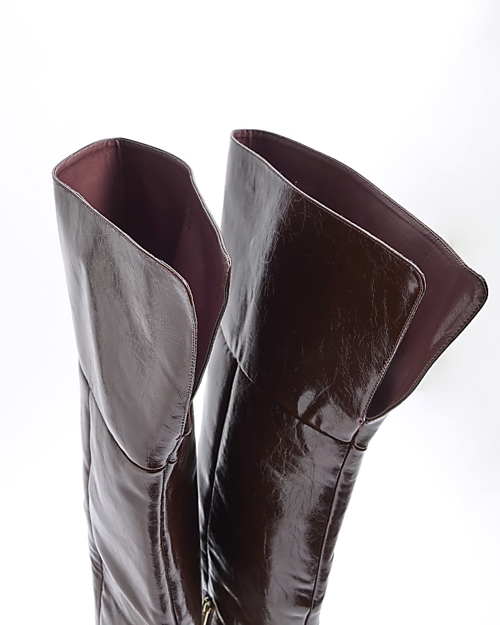 Brown Faux Leather Thigh High Heeled Boots