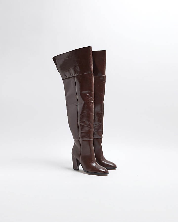 Brown Faux Leather Thigh High Heeled Boots