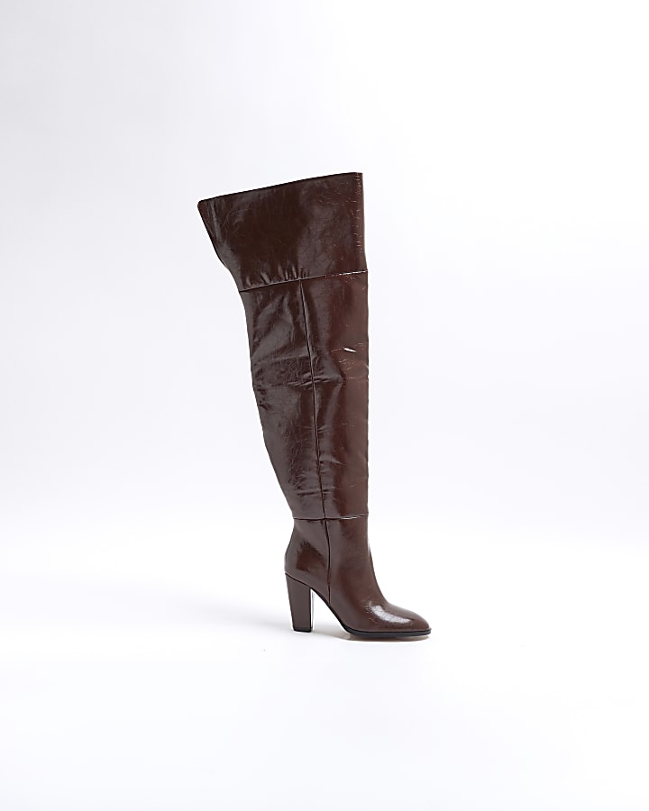 Brown Faux Leather Thigh High Heeled Boots