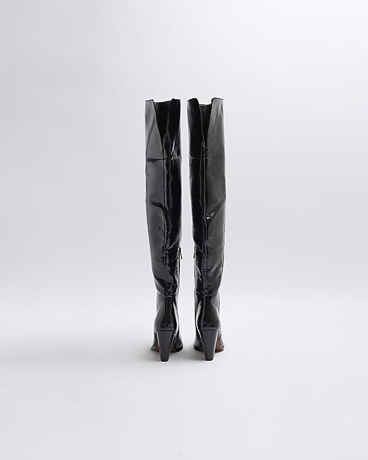Black Faux Leather Thigh High Heeled Boots