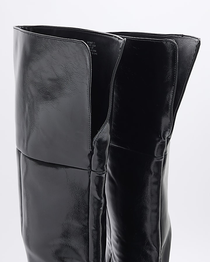 Black Faux Leather Thigh High Heeled Boots