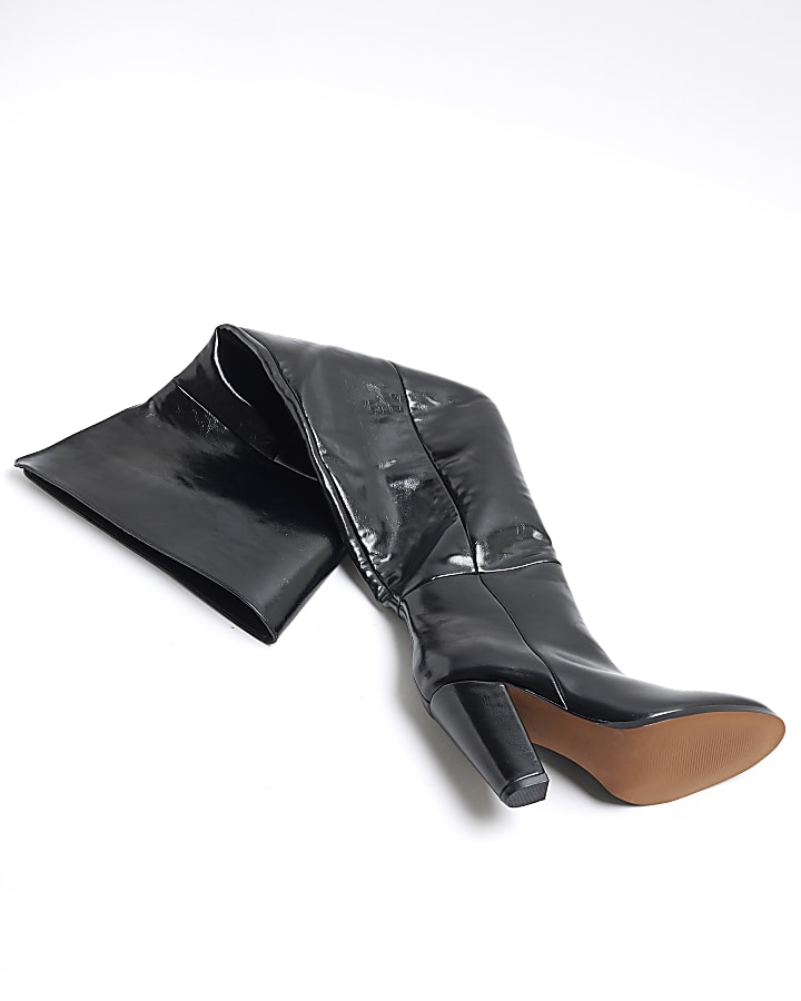 Black Faux Leather Thigh High Heeled Boots