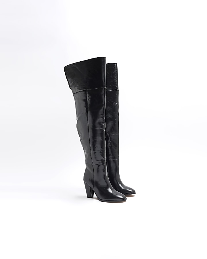 Black Faux Leather Thigh High Heeled Boots