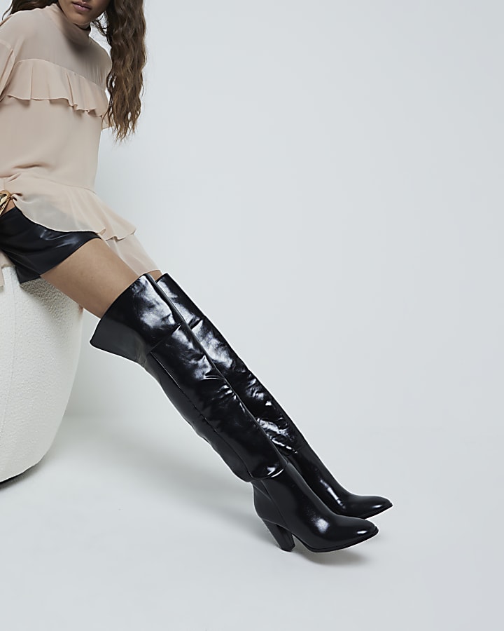 Black Faux Leather Thigh High Heeled Boots River Island