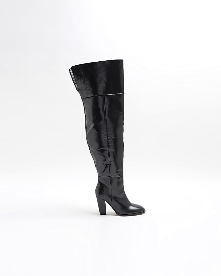 Black Faux Leather Thigh High Heeled Boots