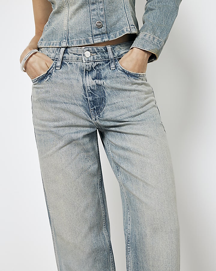 Blue relaxed straight faded jeans