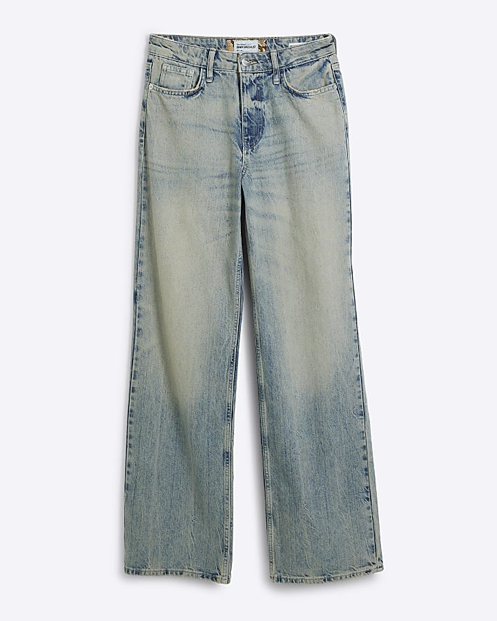 Blue relaxed straight faded jeans