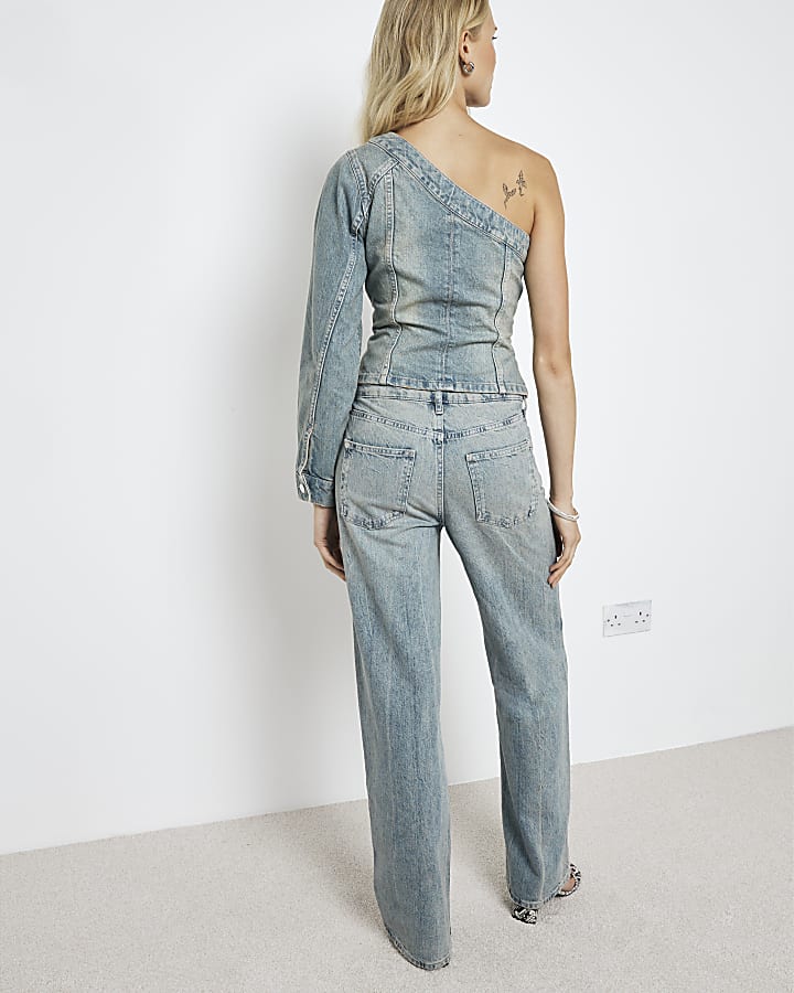 Blue relaxed straight faded jeans