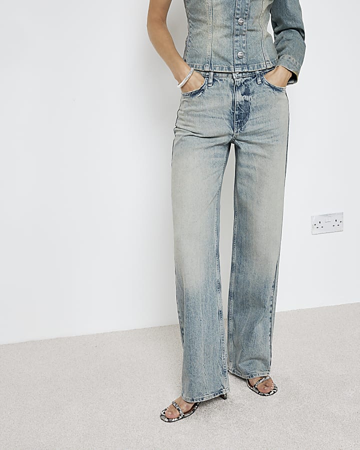 Blue relaxed straight faded jeans