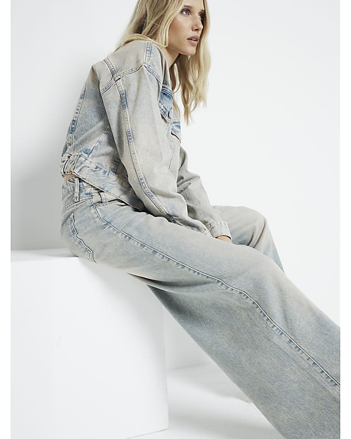 Grey mid rise faded wide leg jeans